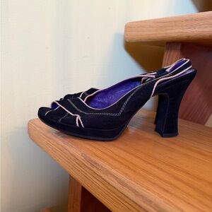 Black Suede Open-Toe Slingback Heels with Pink Trim